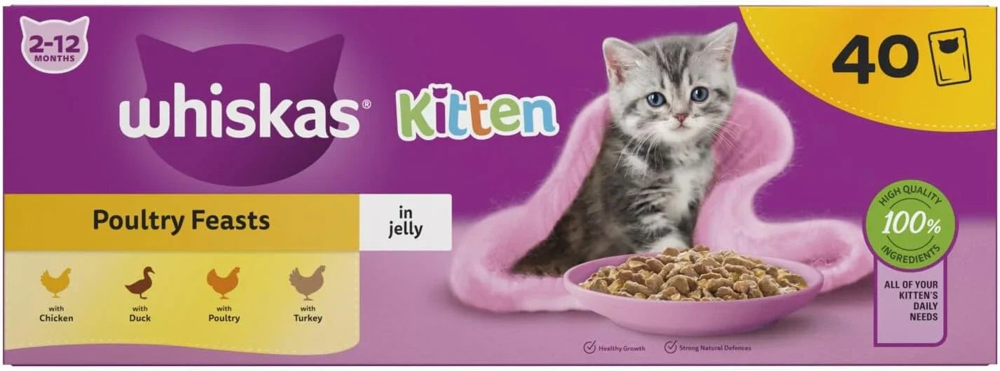 120 x 85g Whiskas Kitten Poultry Feasts Mixed Wet Cat Food Pouches in Jelly