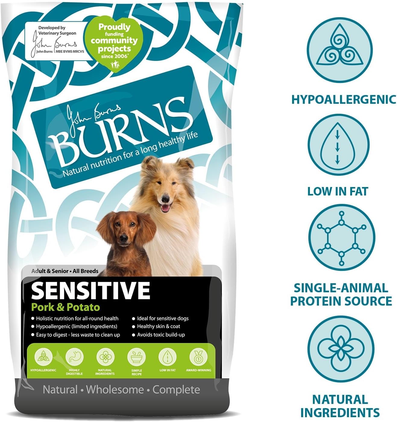 Burns Pet Nutrition Hypoallergenic Complete Dry Dog Food Adult and Senior Dog Sensitive with Pork and Potato 12 kg