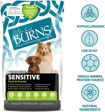 Burns Pet Nutrition Hypoallergenic Complete Dry Dog Food Adult and Senior Dog Sensitive with Pork and Potato 12 kg