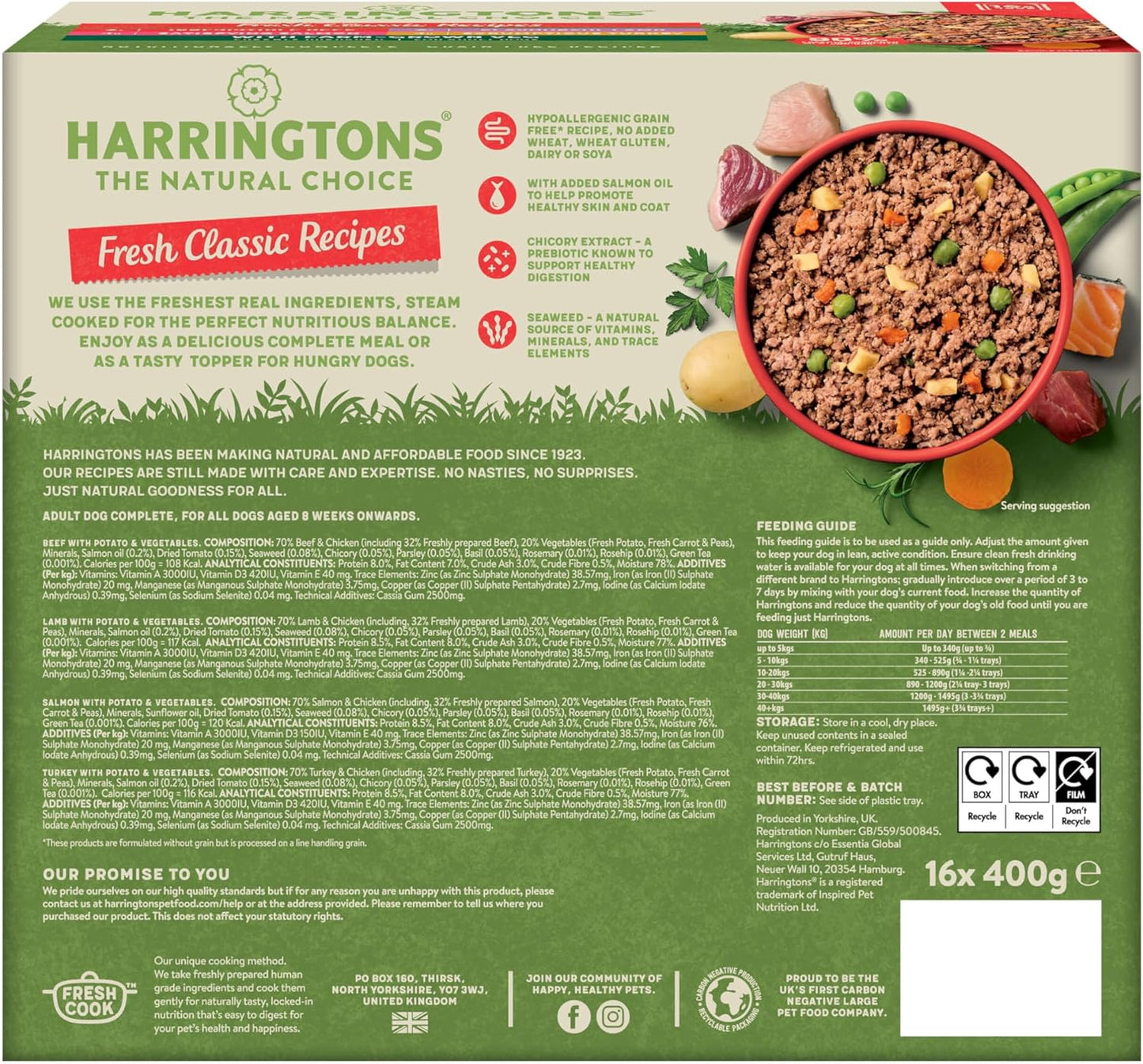 Harringtons Complete Wet Tray Grain Free Hypoallergenic Adult Dog Food Classics Bumper Pack 16x400g